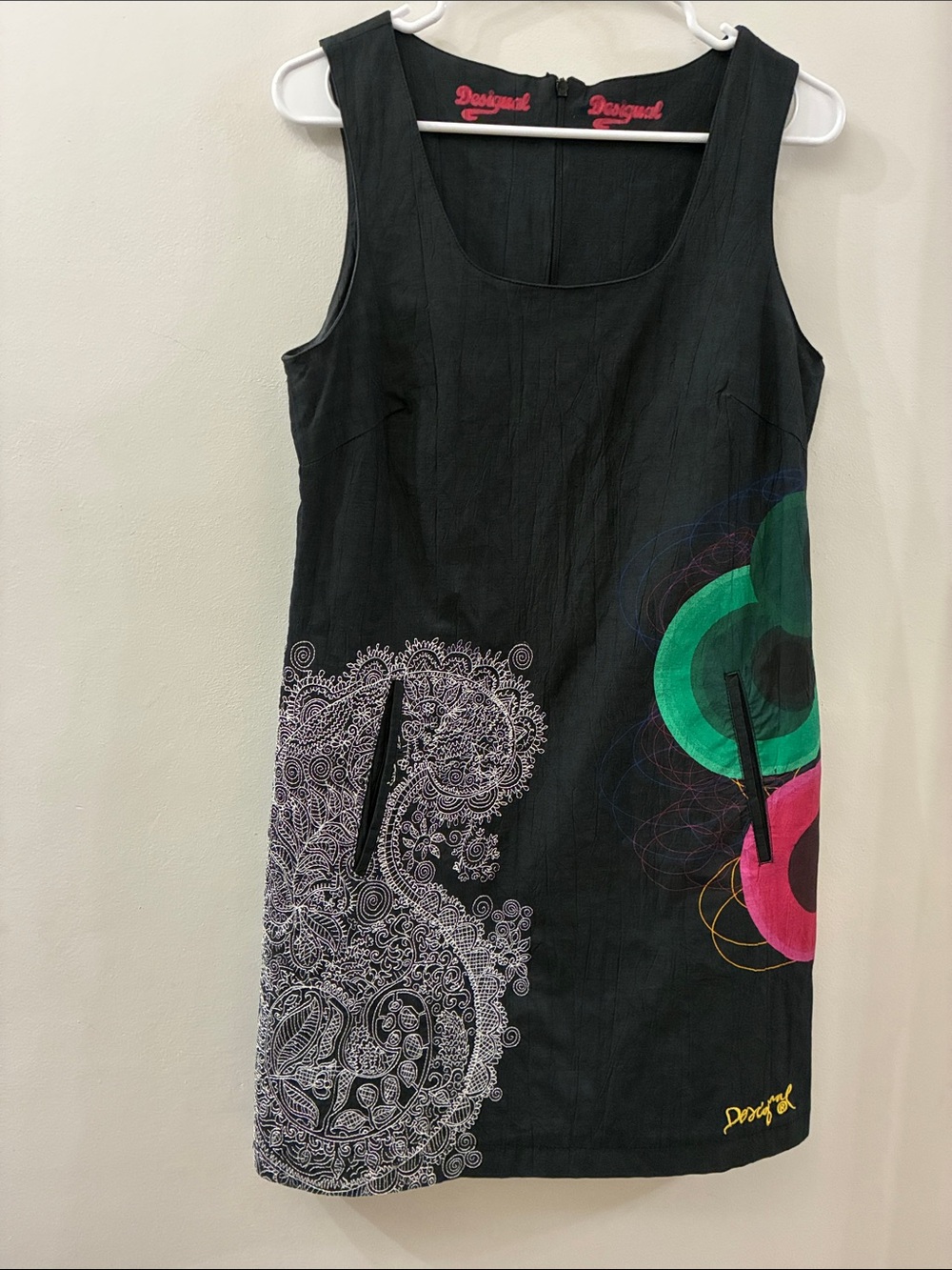 Desigual Black Sleeveless Shift Dress with Colorful Graphic Accents - size 42